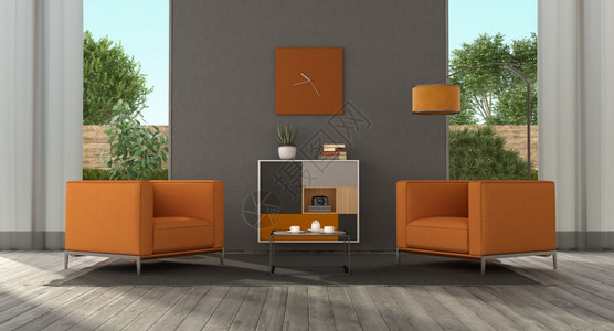 带有橙色扶臂椅和壁板的最小客厅3D为配备橙色家具的最小型客厅装饰风格白天公寓图片