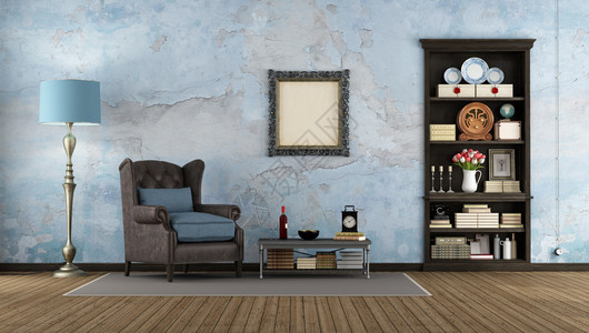 木头老的装饰风格旧房间墙上嵌着深黑木书架经典扶手椅3D造型图片