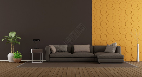 现代客厅用沙发对抗皮革和木制壁板3D为现代客厅用沙发反对面板家具木制的室内图片
