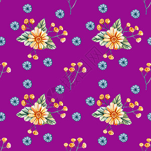 蒂莫费耶娃紫色光亮和多彩的图案黄色小菊花完美地在织物礼品包装贺卡等上打印植物图片