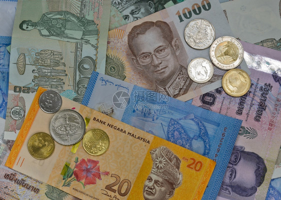 商业林吉特三马来西亚和泰国货币的背景情况绿色图片