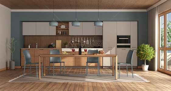 食物渲染蓝色的白和现代厨房配有餐桌椅子和木天花板3D制成现代厨房配有木桌和蓝椅图片