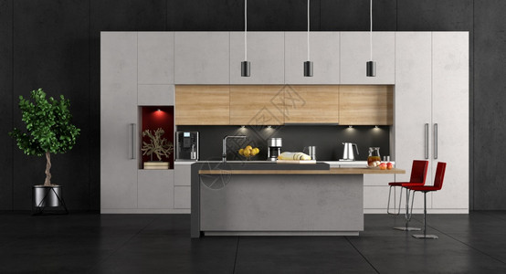 黑色房间里的最小化混凝土和木制厨房3D制作最小型化混凝土和木制厨房聚光灯渲染具图片