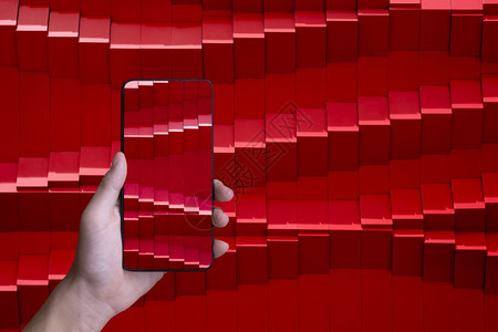 建造现代红墙背景的抽象和几何条形图案的阳光和阴影手机脚步图片