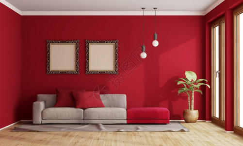红色客厅红衣客厅有现代沙发和墙上旧架子3D为红衣客厅有现代沙发白天活的灰色设计图片
