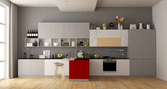 国内的红岛灰色和白现代厨房3D制成灰色和白现代厨房具建筑学图片
