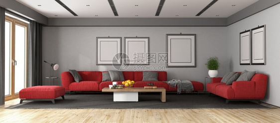灰色客厅黑地毯上有红沙脚凳子和咖啡桌3D为大客厅黑地毯上有红沙发优雅极简主义者室内植物图片