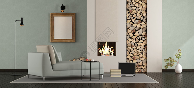 极简主义者带壁炉的简约休息室现代客厅带壁炉和躺椅3d渲染木头房间图片