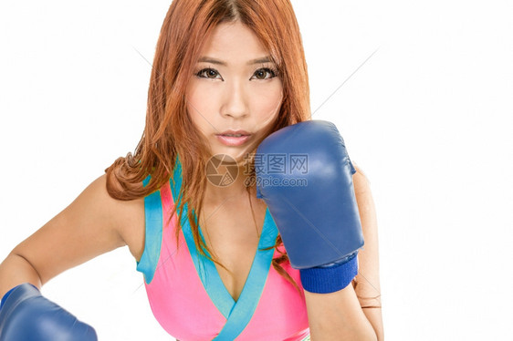 人运动员穿着拳击手套的粉红顶部女强的图片