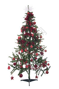 玩具派对十二月以白色背景隔离的经装饰圣诞树典型绿色和红颜图片