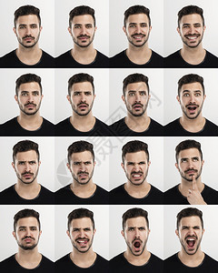 男人大喊叫学以不同表达式呈现一个人多肖像的复合成体图片