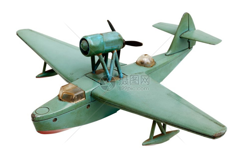 经典的翅膀航空孤立对象旧通用水力飞机绿色金属比例模型在白色背景上孤立水力飞机旧比例模型图片