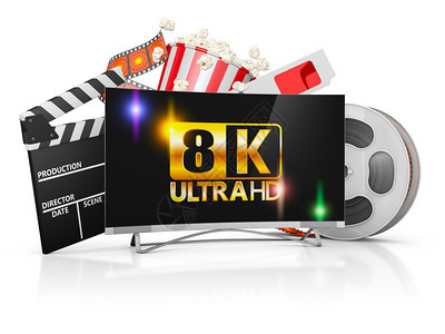 8K电视爆米花和白色背景的电影带屏幕剧院现代的图片