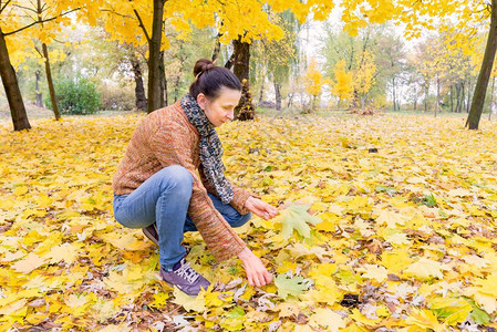 喜悦采摘一个笑着的成年天主教女人秋在公园里采黄色的树叶肖像图片