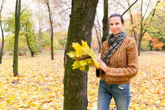幸福一个笑着的成年天主教女人秋在公园里采黄色的树叶外部微笑图片