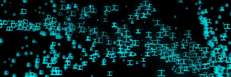 Neon灯光立方块网络未来飞行轨迹数位技术动画全景3D成载新光立方体三维成像的数码技术动画全景三维成像抽象的结构体几何图片
