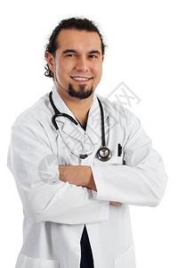 信心工作室照片上一位英俊的男医生微笑着双臂在白色背景上折叠起来幸福图片