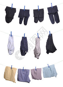 服装灵活穿内裤袜在洗衣线上的拳击手白底隔离在色背景上别针图片