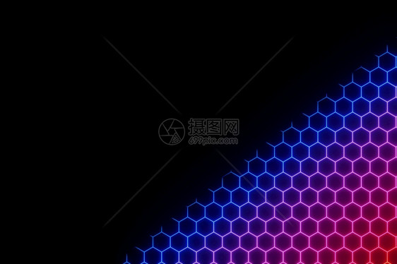 抽象彩色GlowingNeon电子六边形背景三维投影蓝色的插图六角形图片