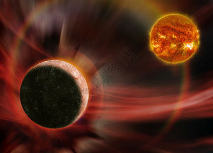 踪迹行星火银的幻想图像正在接近美国航天局提供的这一图像中个老式喷发的太阳元素轨道上运行图片