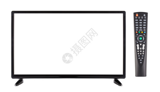 高清电视目的现代空黑色平板屏幕电视和远程控制前方视图在白色背景上孤立于白色背景的电黑平面视和远程控制ForFeron观看现代空黑图片
