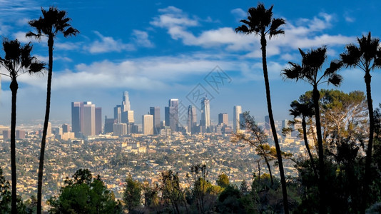 城市景观都会美国加利福尼亚州洛杉矶市中心天际的美丽日落著名图片