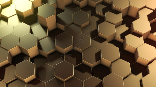 原地翻转3d虚拟空间中抽象六边几何金表面的翻转随机定位几何形状六边