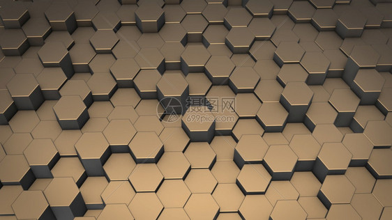 高科技渲染形象的3D虚拟空间中抽象六边形几何表面的翻转随机定位几何形状六边的圆壁图片