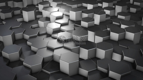 数字的多边形灰色虚拟空间中抽象六边几何金属表面的3D翻转随机定位几何形状六边的圆墙壁图片