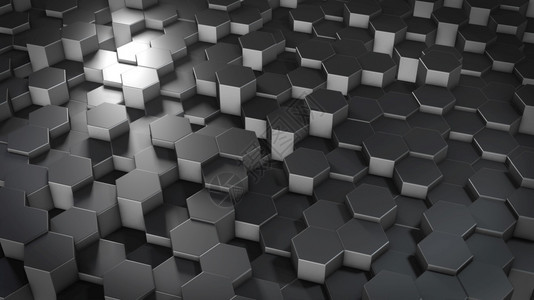 虚拟空间中抽象六边几何金属表面的3D翻转随机定位几何形状六边的圆墙壁六角马赛克蜂窝图片
