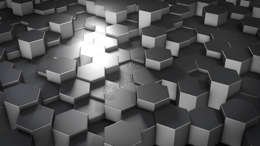美丽的蜂窝虚拟空间中抽象六边几何金属表面的3D翻转随机定位几何形状六边的圆墙壁铬合金图片