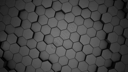 插图时髦的3D虚拟空间中抽象六边几何黑色表面的翻转随机定位几何形状六边的圆壁建筑学图片