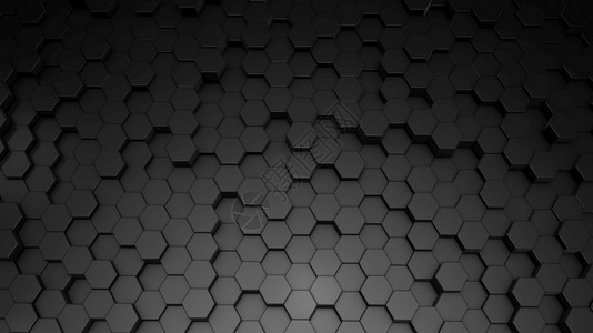 插图黑色的3D虚拟空间中抽象六边几何黑色表面的翻转随机定位几何形状六边的圆壁有创造力的图片