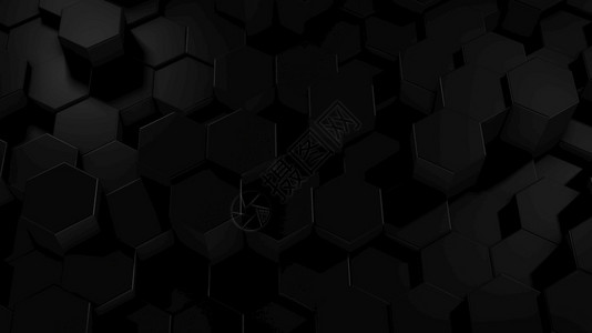 插图3D虚拟空间中抽象六边几何黑色表面的翻转随机定位几何形状六边的圆壁角有创造力的图片