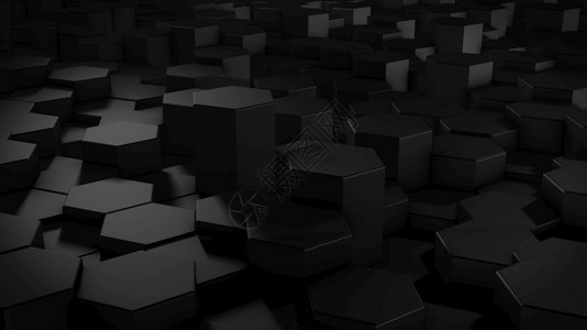 多面体3D虚拟空间中抽象六边几何黑色表面的翻转随机定位几何形状六边的圆壁简单结构体图片