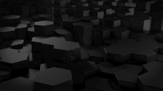 技术蜂窝3D虚拟空间中抽象六边几何黑色表面的翻转随机定位几何形状六边的圆壁黑暗图片