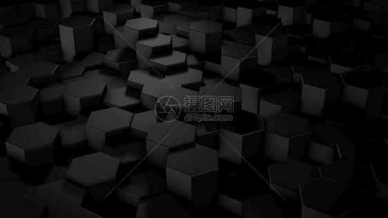 几何学3D虚拟空间中抽象六边几何黑色表面的翻转随机定位几何形状六边的圆壁有创造力的黑色图片