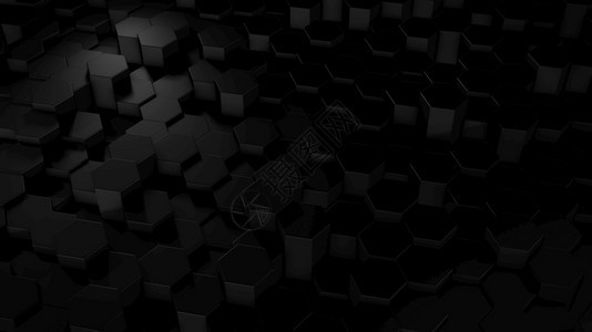 黑色的技术3D虚拟空间中抽象六边几何黑色表面的翻转随机定位几何形状六边的圆壁插图图片