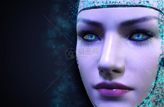 蓝色的技术背景下的女机器人脸3d渲染蓝色技术背景下的女机器人脸半械灵感图片