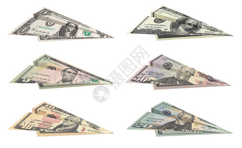 空气收藏货币白色背景上隔离的一套纸币美元飞机图片