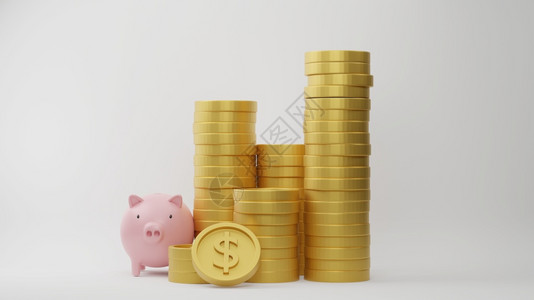 宝藏3d为商业金融与储蓄资提供一叠美元硬币和粉红小猪银行的白色背景思想柱子金属图片