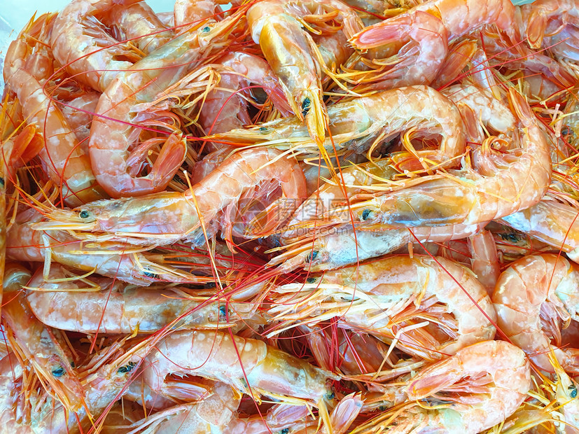 对虾美味的供出售冰上红正兰虾新鲜和淡冻海鱼当地市场摊位躺着图片