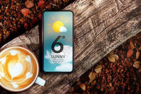 秋和阳光日天气良好有象信息移动电话和热早咖啡的秋季概念移动电话以木材为顶端视景早晨好的最佳图片