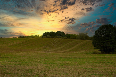 太阳日出时夏季波兰人眼中的草原田地和森林亮光灿烂的云朵天空草甸图片