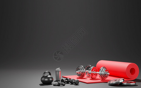 家健身房放运动设备红瑜伽垫小叮当瓶水黑色3D背景的哑铃图片