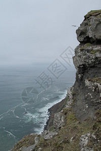 具有岩石和草地的陡峭山坡其海景引人瞩目挥舞着大西洋在法罗群岛华加尔浮光辉的法罗群岛印花牌图案上飞鸟景观类悬崖图片