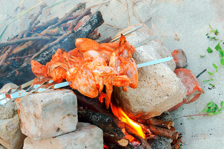 炒木炭鸡肉在火上煮翅烤串鸡翅在火上烤串鸡肉在火上烤野餐图片