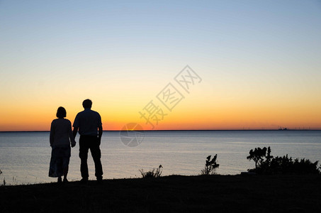 一对夫妇在海岸旁看着日落图片