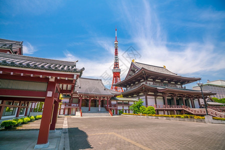 老的亚洲旅游日本左济寺和东京塔景观图片