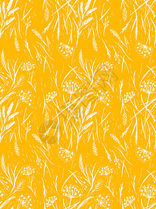 野草无缝图案剪影谷类植物手绘草图插黄色背景野草无缝图案剪影谷类